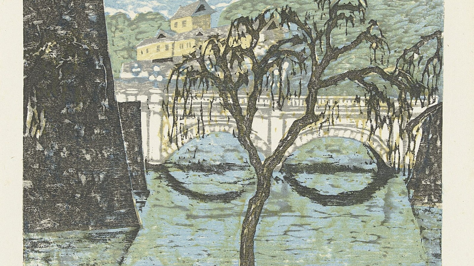 皇居の二重橋を描いた木版画（恩地孝四郎）
